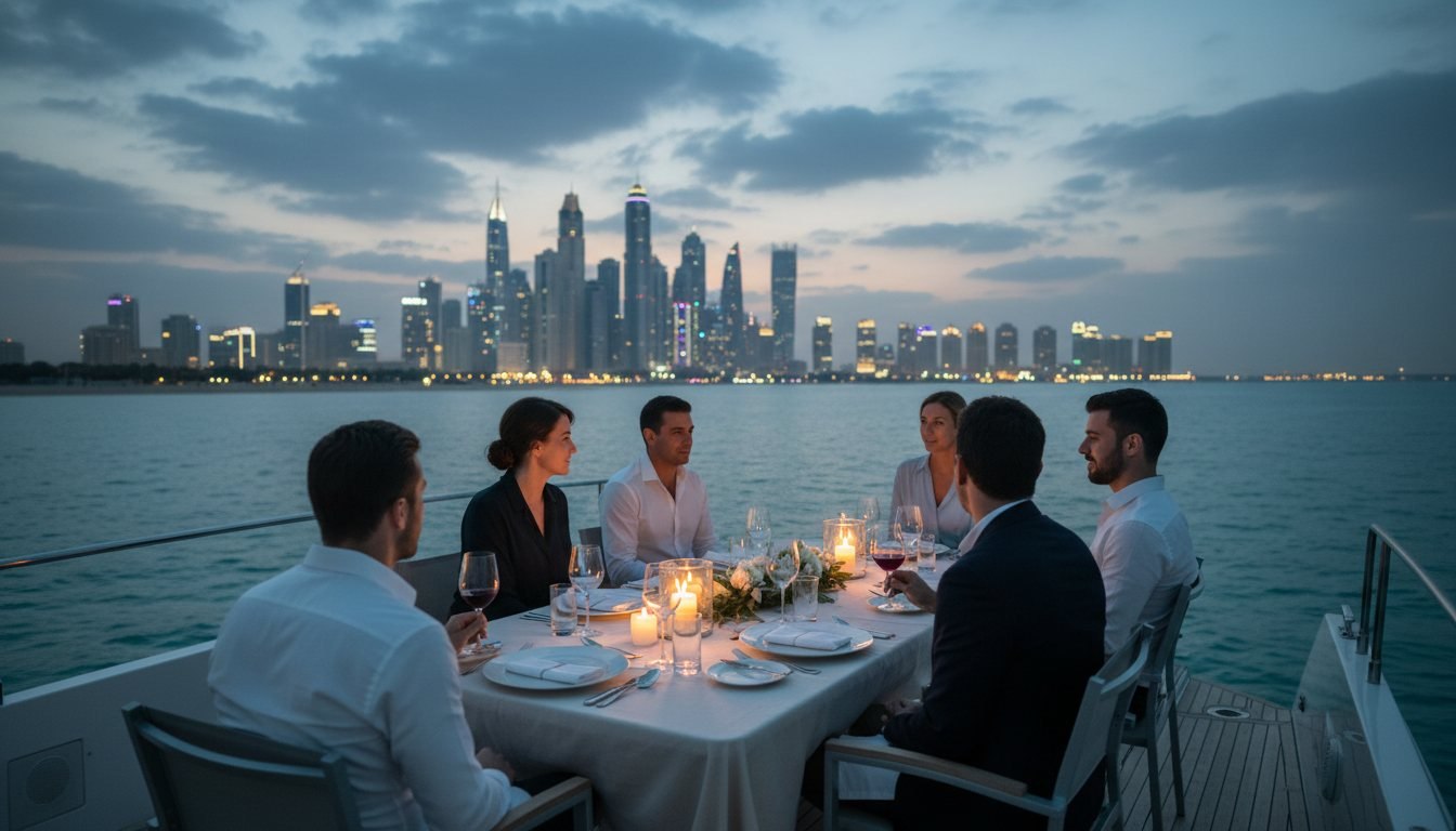 Elegant candlelit dinner table set on an open yacht deck near Dubai Marina
