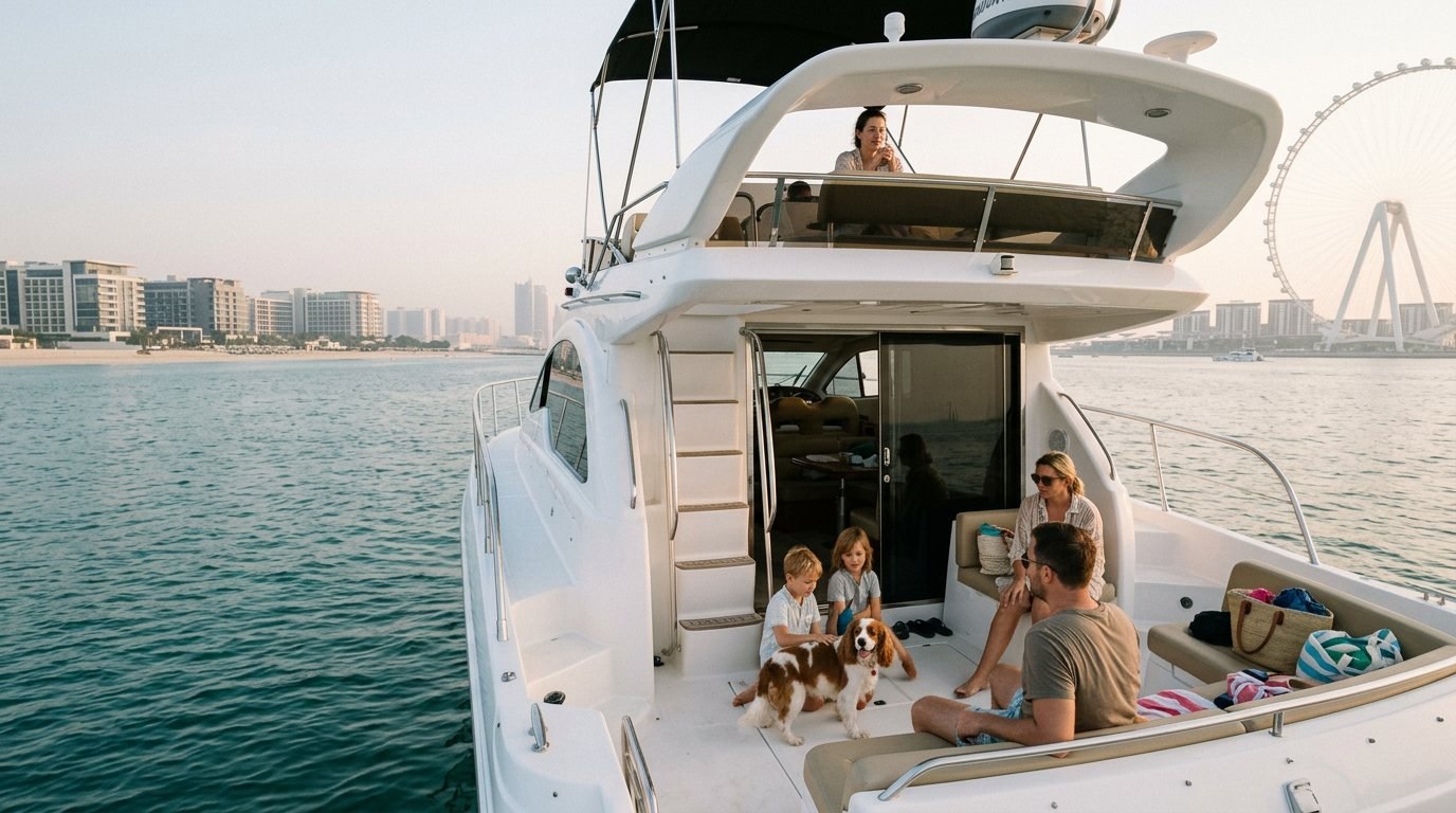 Family relaxing together on an open yacht deck near the Dubai coast