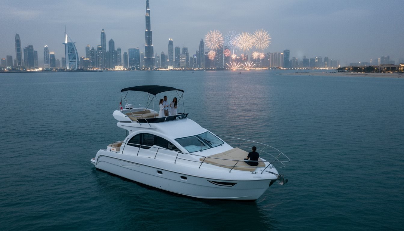Guests watching vibrant fireworks over the Dubai skyline from a yacht deck