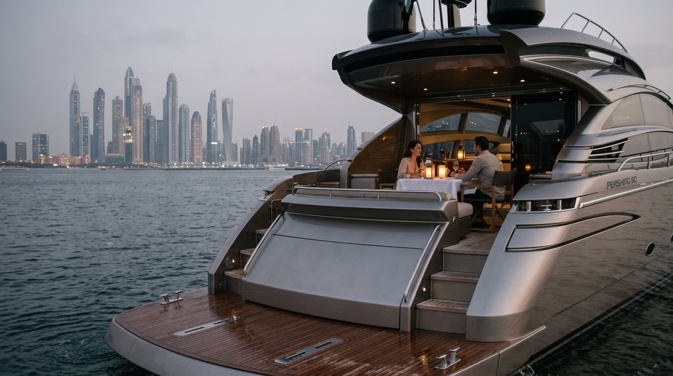 Романтический ужин со свечами на яхте у берегов Dubai Marina