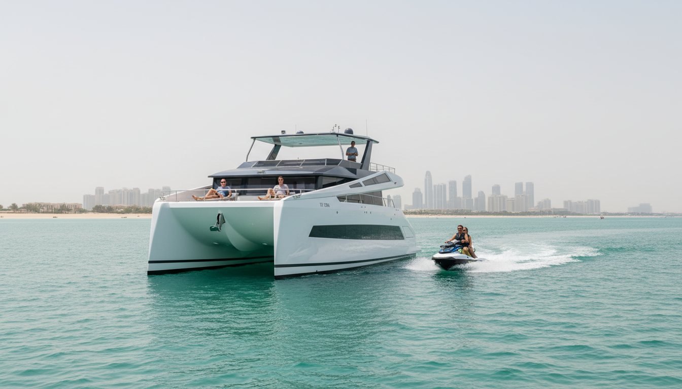 Jet ski rider carving through turquoise water beside a cruising yacht