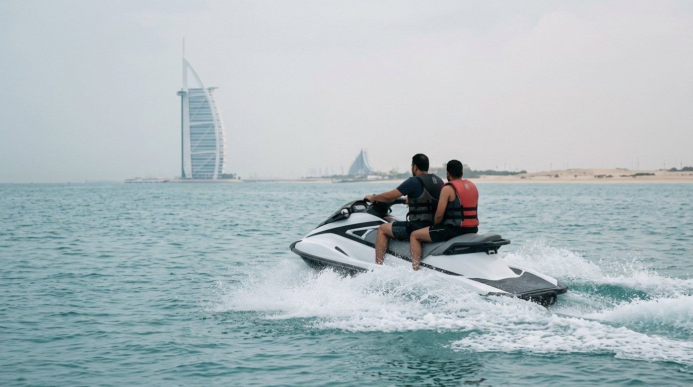 Ein Jet-Ski fährt mit Gischtwelle vor dem ikonischen Burj Al Arab