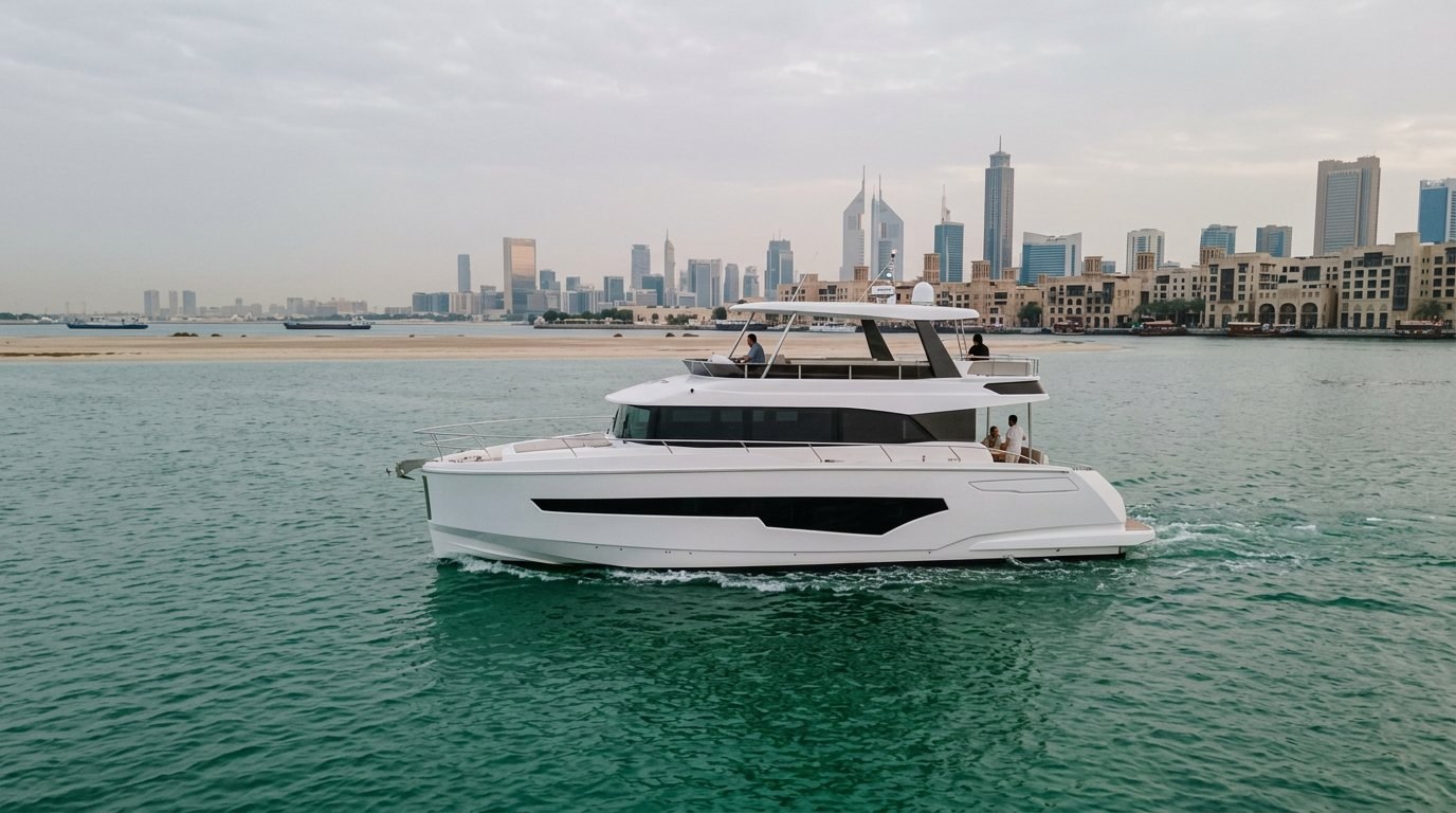Luxury yacht traveling across the sea near famous Dubai landmarks at dusk