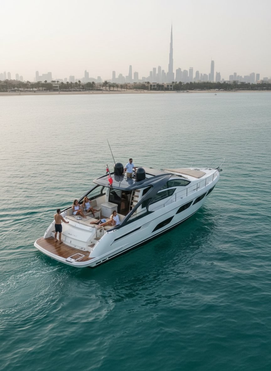 Overhead perspective of a cruising yacht with captain and guests on board