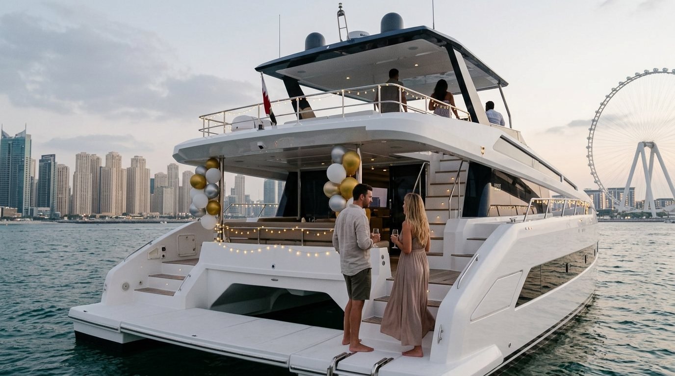 Party guests celebrating on a decorated yacht deck during coastal sunset