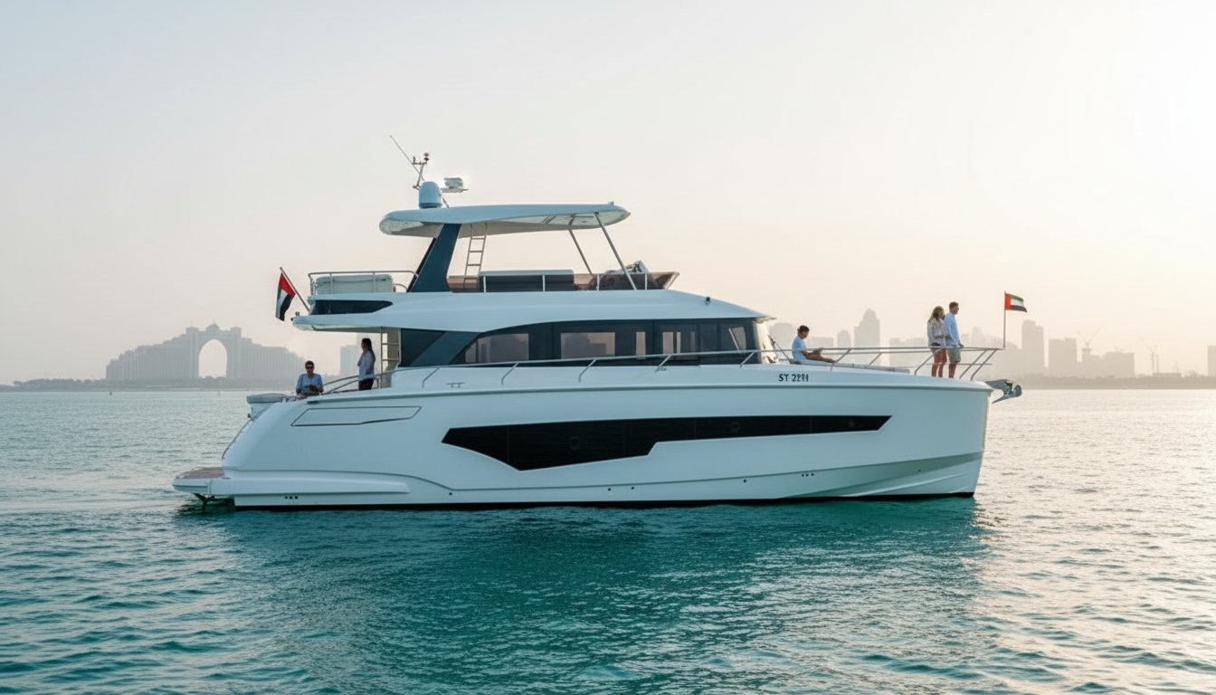 Peaceful morning cruise on a motor yacht off the Dubai shoreline