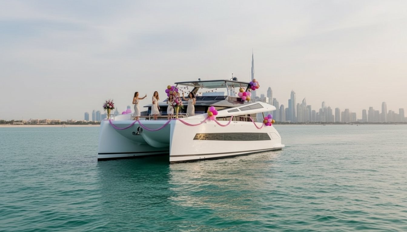 Private party onboard a festive balloon-decorated yacht off the Dubai shore