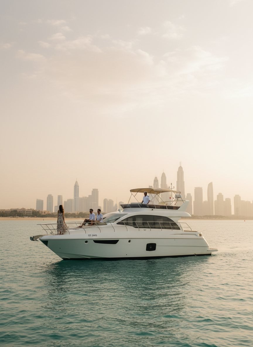 Skipper at the yacht helm with guests relaxing against evening city views