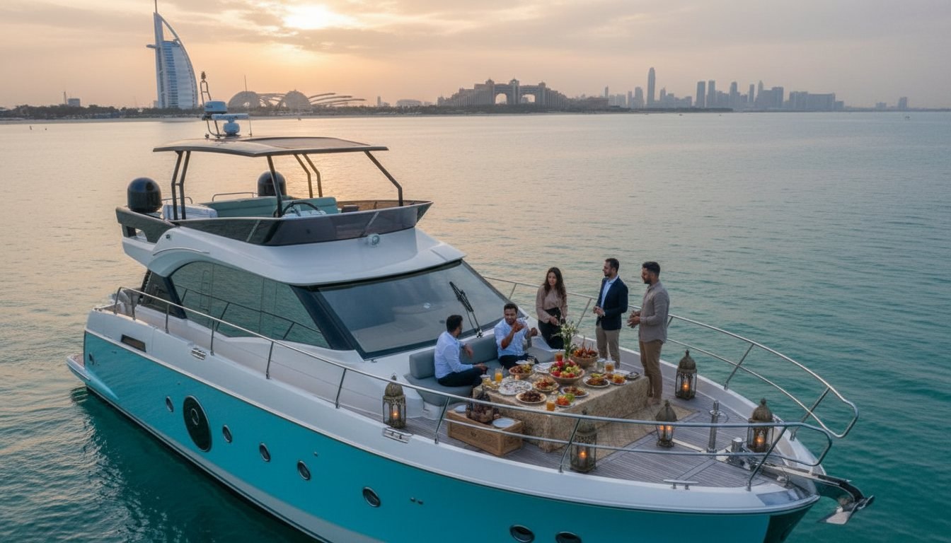 Traditional iftar dishes and glowing lanterns arranged on an outdoor yacht table