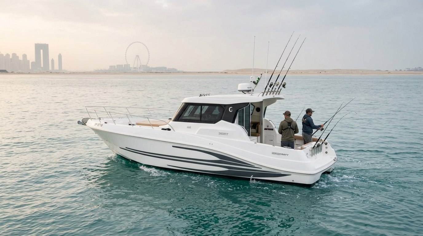Two anglers holding fishing rods aboard a boat off the Dubai coast