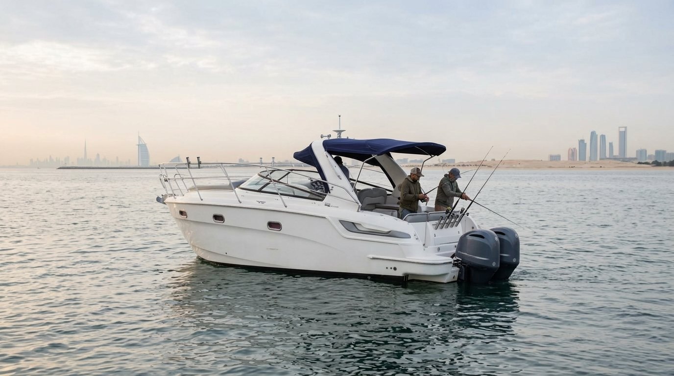 Pescadores esportivos com varas na popa do barco perto do litoral de Dubai