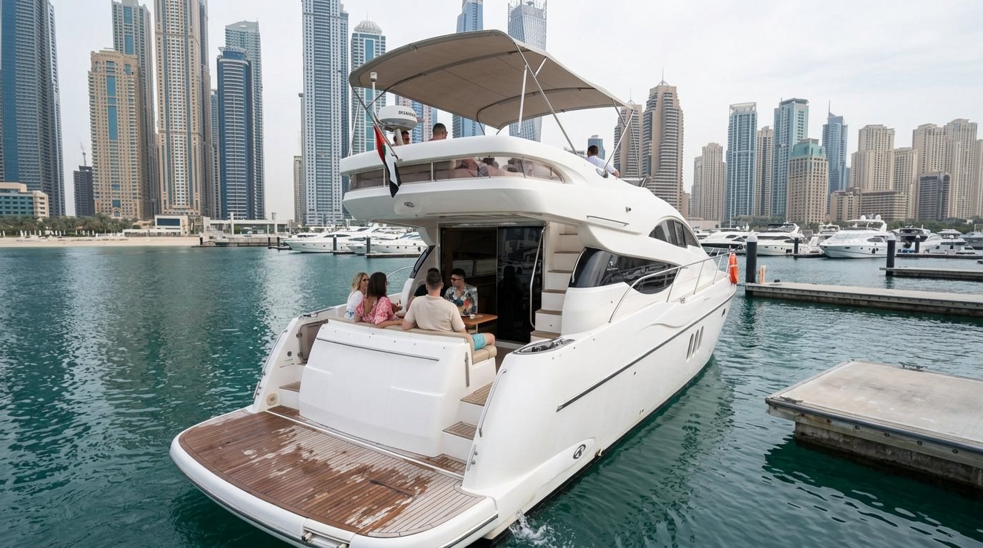 Water-level view of marina piers and modern residential towers in Dubai