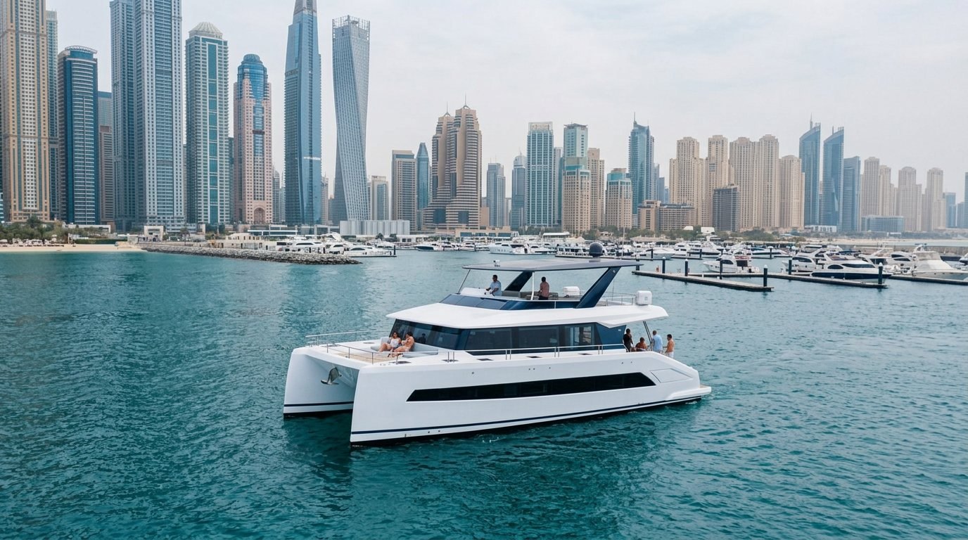 Panorama maritime des tours imposantes et des pontons animés bordant Dubai Marina