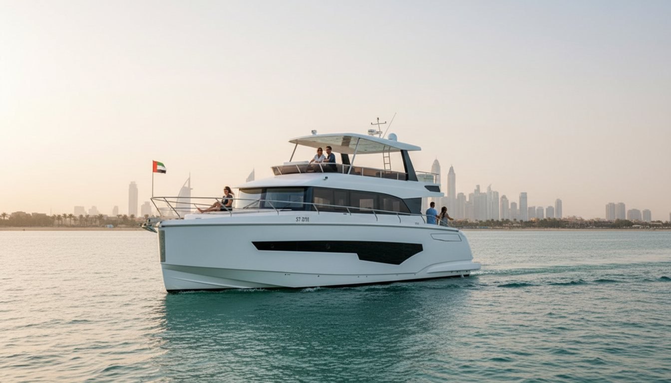 Wit motorjacht vaart over een kalme zee voor de indrukwekkende skyline van Dubai
