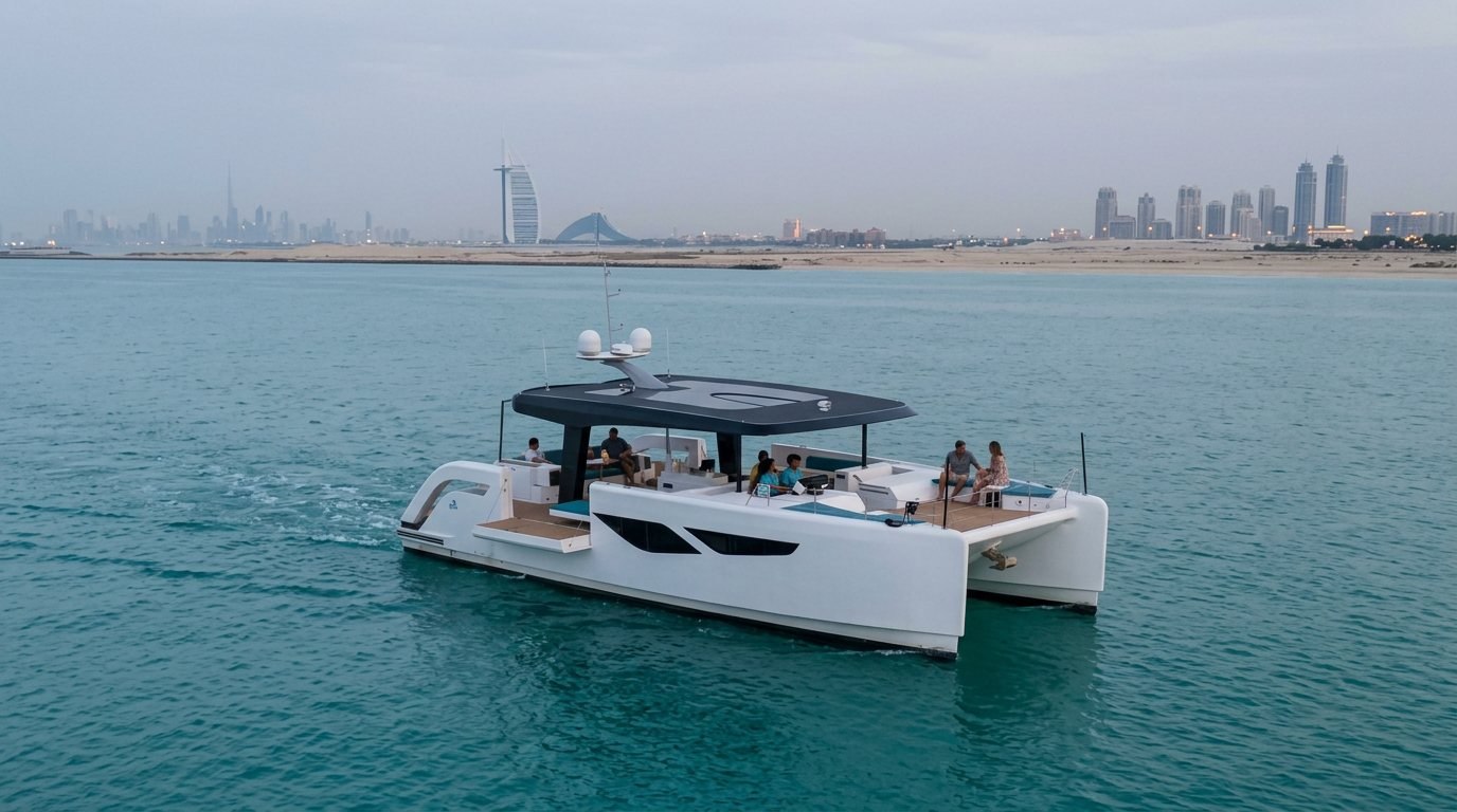 White private yacht cruising through quiet coastal waters near Dubai skyline