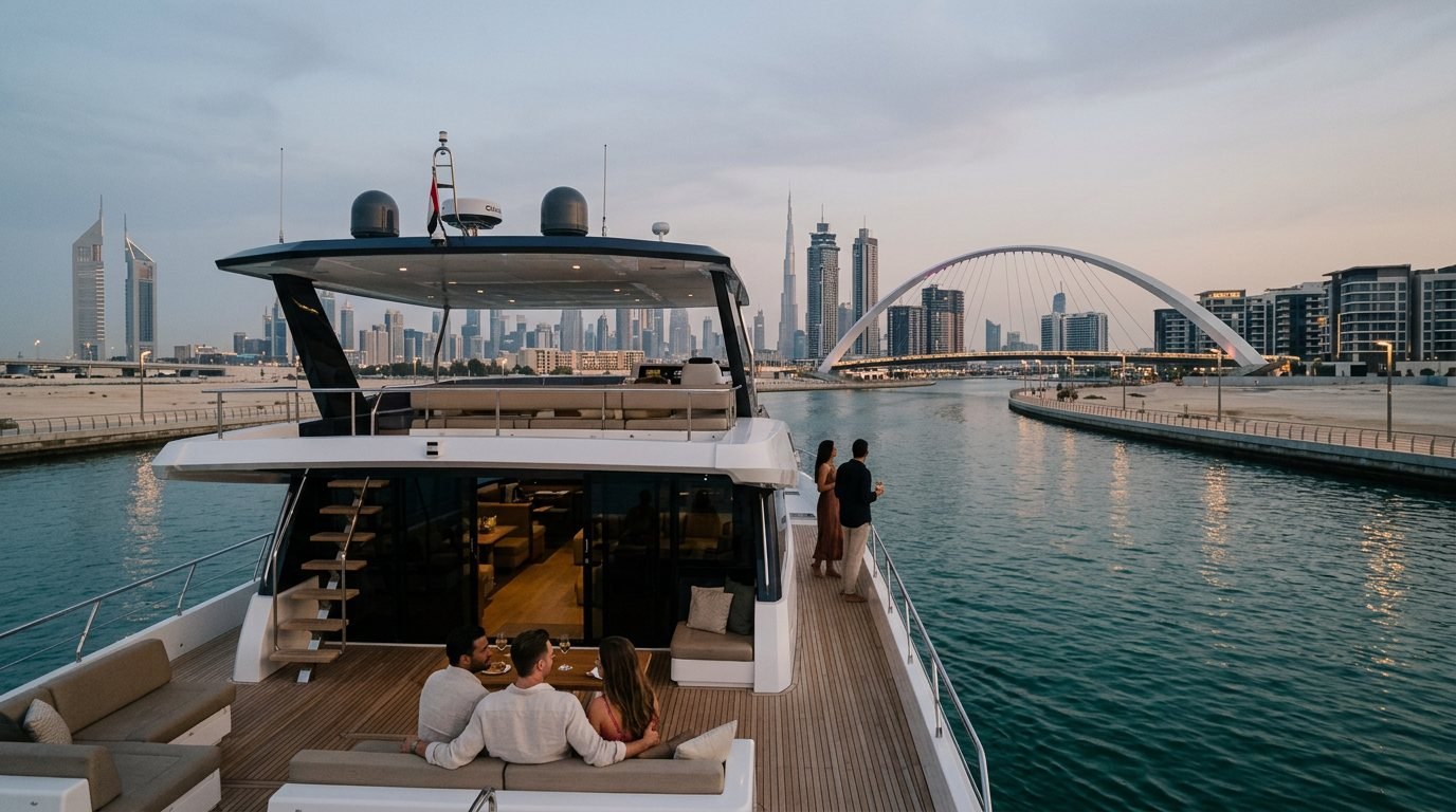 Weiße Motoryacht zieht im Abendlicht an den Wahrzeichen von Dubai vorbei