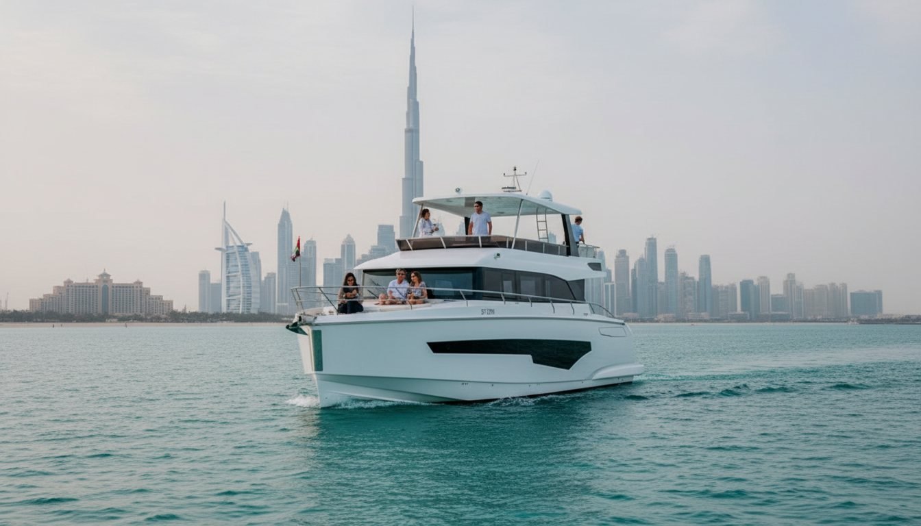 Wit privéjacht vaart langs beroemde bezienswaardigheden van Dubai tijdens een rustige avond
