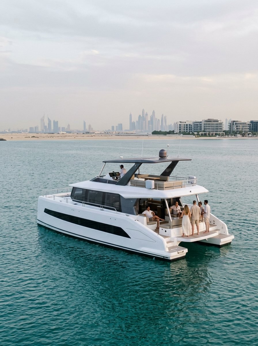 Yacht captain piloting the vessel as passengers lounge on the sunny stern
