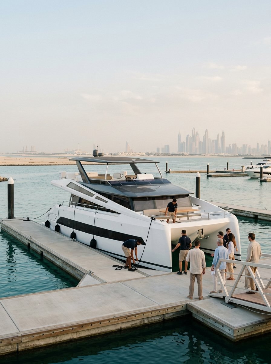 Eine Yachtbesatzung am Bootssteg vor der weitläufigen Küstenlinie von Dubai