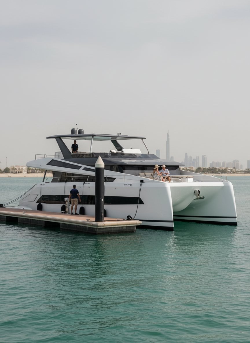 Equipaggio dello yacht pronto sul molo della marina di Dubai